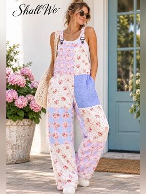 Shall We Floral Patchwork Overalls Romper - Pink and Lavender